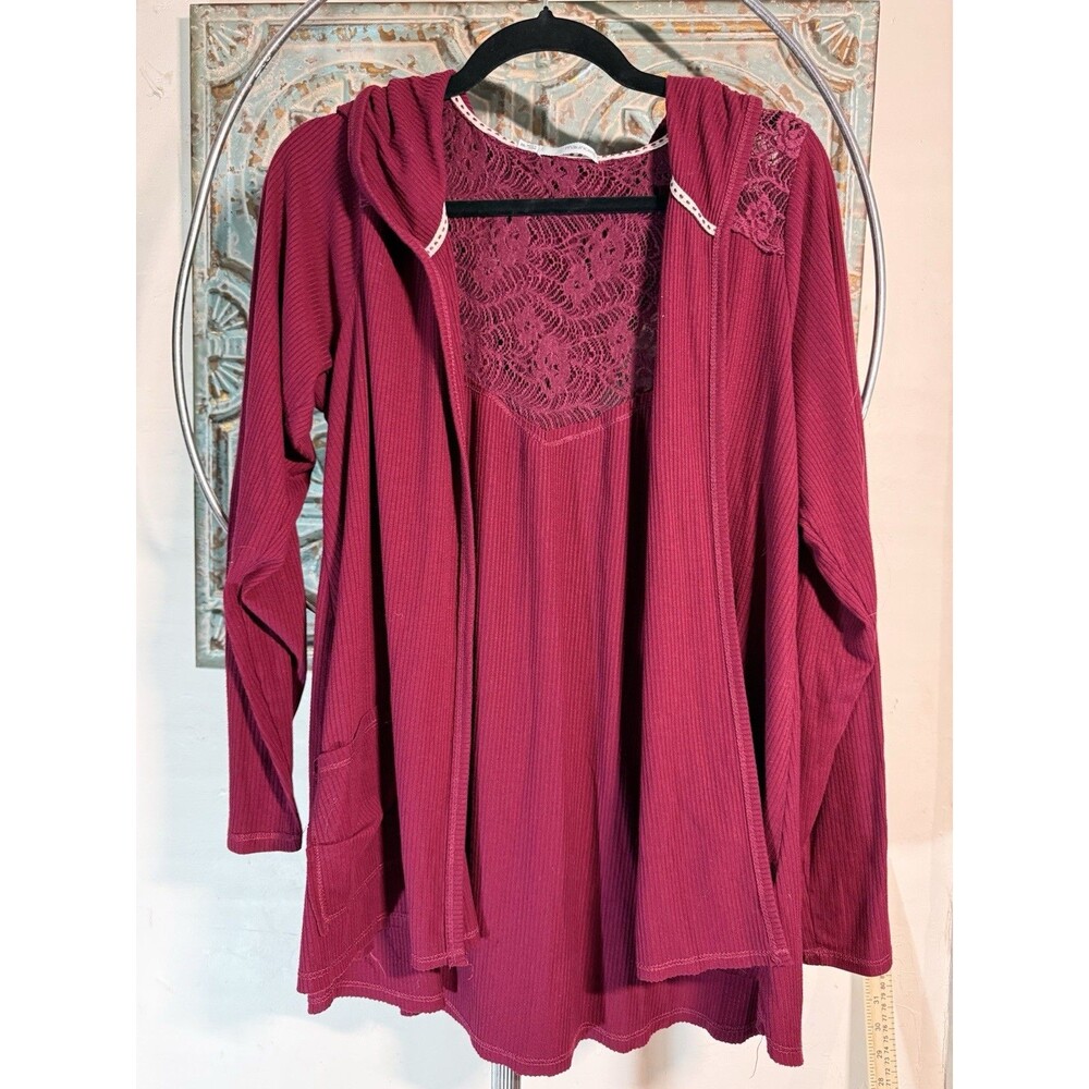 Maurices Women's 2XL Burgundy Knit Hooded Open Front Cardigan Lace Pockets